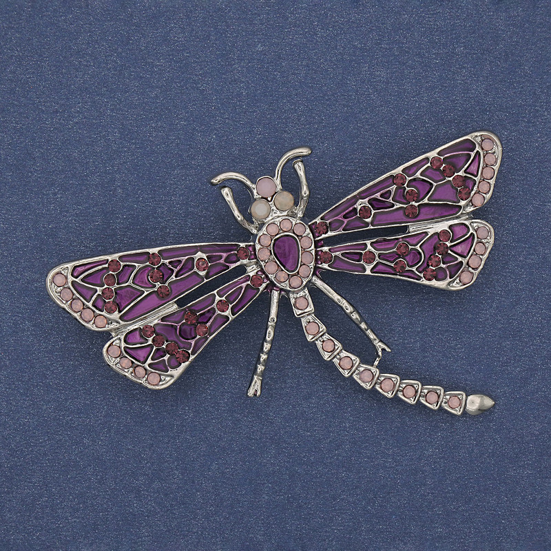 Dragonfly Brooch Purple Enamel Pink Rhinestones Silver-Tone Metal 57x39mm+