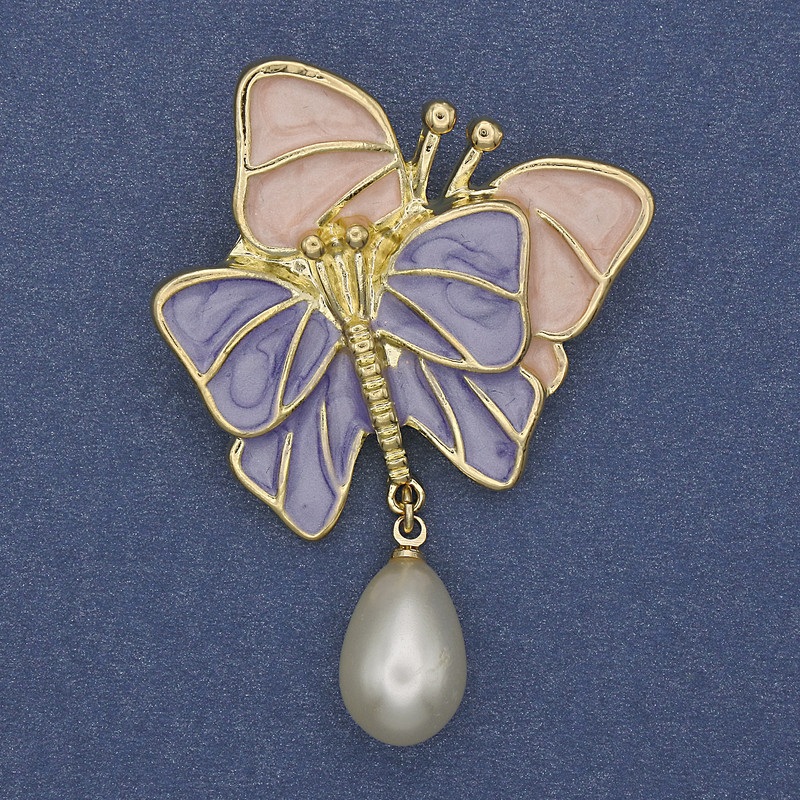 Butterflies Brooch Purple and Pink Enamel Pearl Gold-Tone Metal 52x37mm+