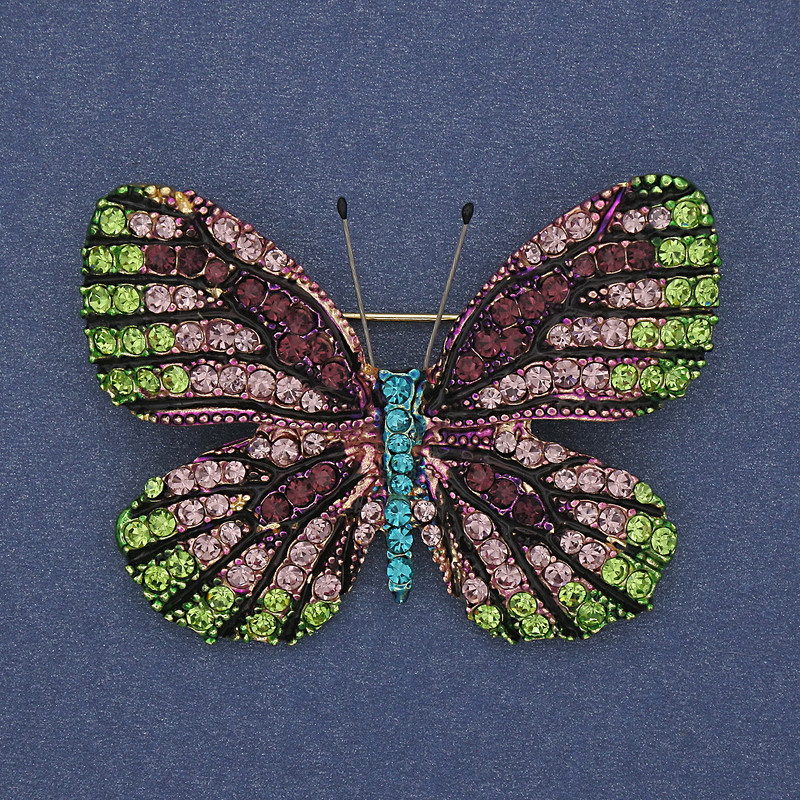 Brooch Pendant Butterfly Coloured Rhinestones Gold-Tone Metal 50x39mm+