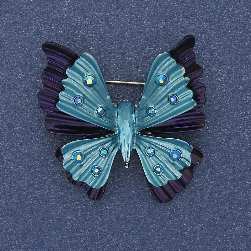 Brooch Pendant Butterfly Purple and Blue Enamel Rainbow Rhinestones Silver-Tone Metal 39x42mm+