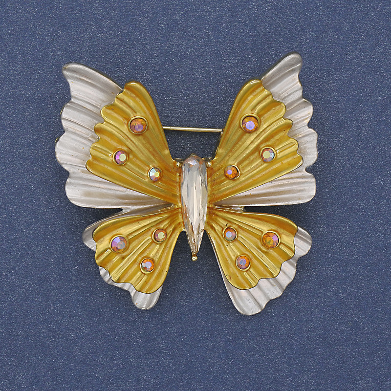 Brooch Pendant Butterfly White and Yellow Enamel Rainbow Rhinestones Gold-Tone Metal 39x42mm+