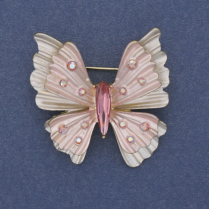 Brooch Pendant Butterfly White and Pink Enamel Rainbow Rhinestones Gold-Tone Metal 39x42mm+