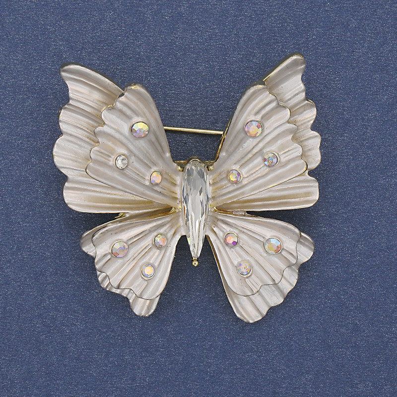 Brooch Pendant Butterfly White Enamel Rainbow Rhinestones Gold-Tone Metal 39x42mm+