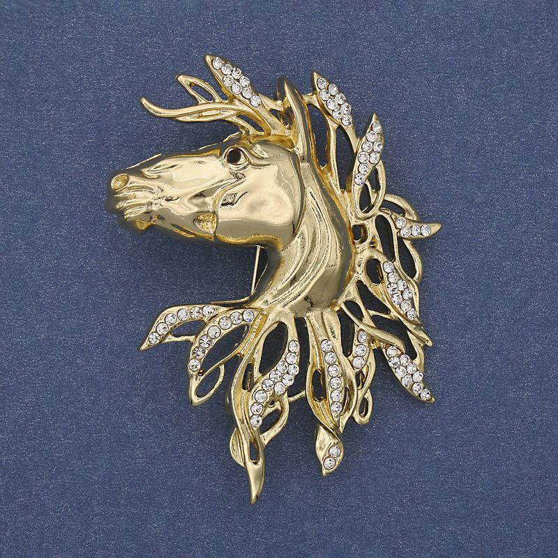 Horse Brooch Pendant White Rhinestones Gold-Tone Metal 54x41mm+