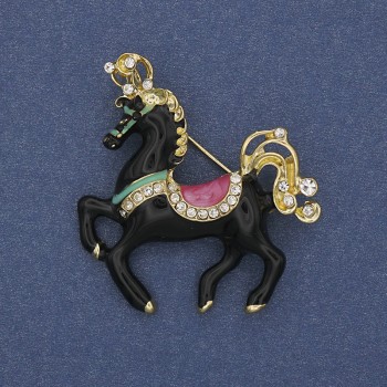 Horse Brooch Black Enamel White Rhinestones Gold-Tone Metal 39x40mm+