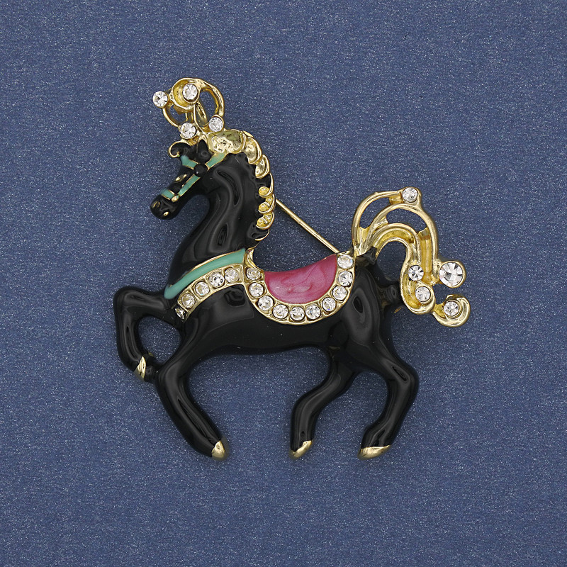 Horse Brooch Black Enamel White Rhinestones Gold-Tone Metal 39x40mm+