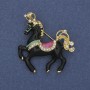 Horse Brooch Black Enamel White Rhinestones Gold-Tone Metal 39x40mm+