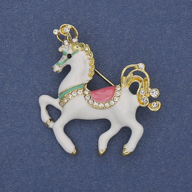 Horse Brooch Pendant White Enamel White Rhinestones Gold-Tone Metal 39x40mm+