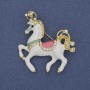 Horse Brooch Pendant White Enamel White Rhinestones Gold-Tone Metal 39x40mm+