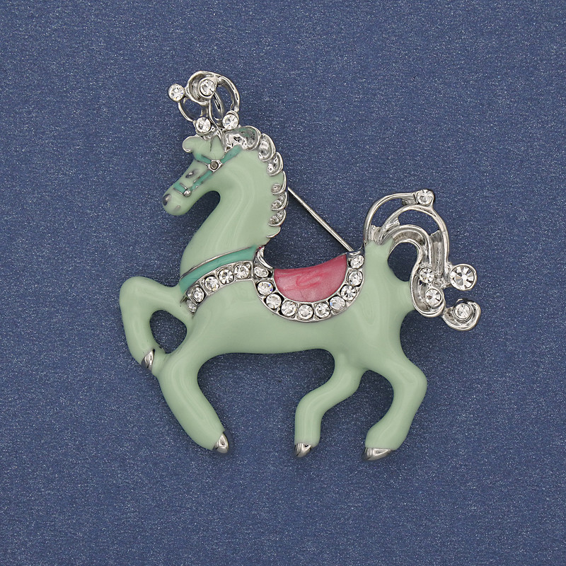 Horse Brooch Pendant Light Green Enamel White Rhinestones Silver-Tone Metal 39x40mm+
