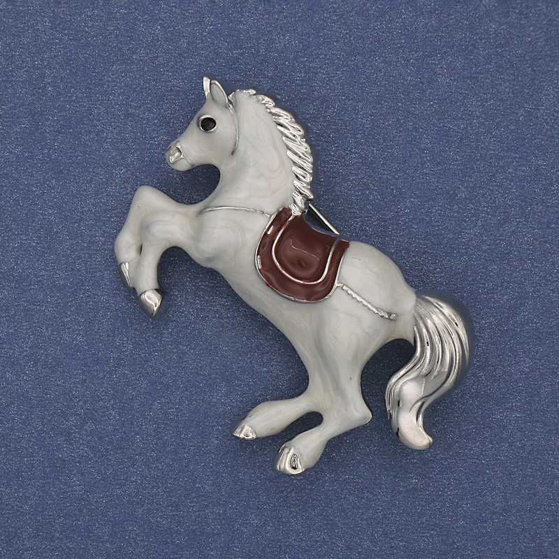 Horse Brooch Pendant White Enamel Silver-Tone Metal 44x27mm+