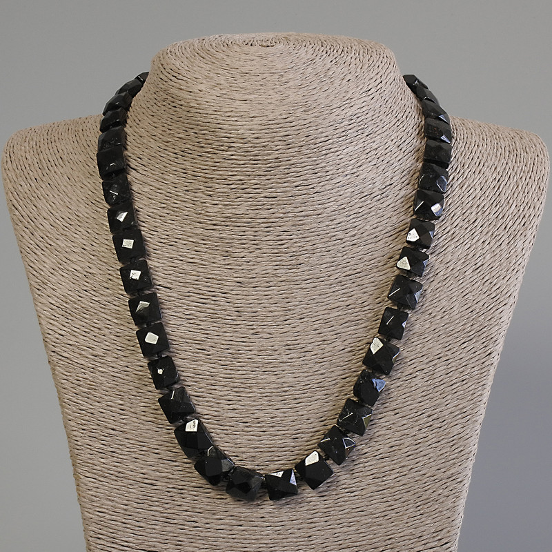Black Tourmaline Necklace, Faceted Square, 10.5-11x10.5-11mm+/- Diameter, 50cm+/- Length, with Clasp