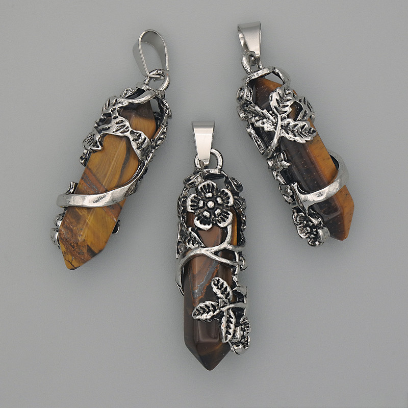 Tiger's Eye pendant hexagon with flower 35x15mm ±, length 44mm ±