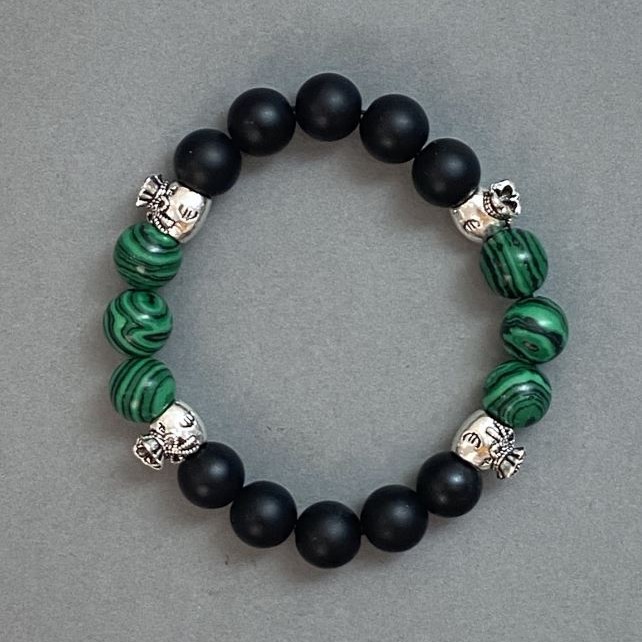 Malachite & Shungite Bracelet, Smooth Round Bead, 10mm+/- Diameter, with Metal Spacers, 18mm+/- Length, Stretch