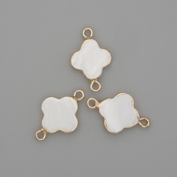 Clover Connector, Mother-of-Pearl, Gold-Tone Metal, 20x12mm+