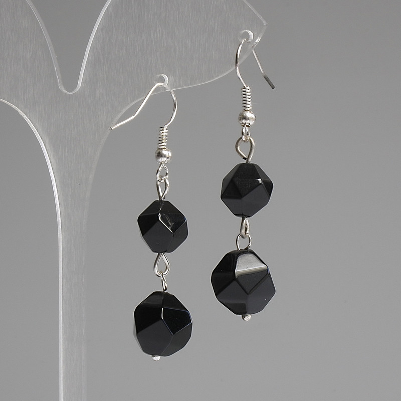 Black Onyx Faceted Earrings 10mm+/- 12mm+/-, Length 50mm+