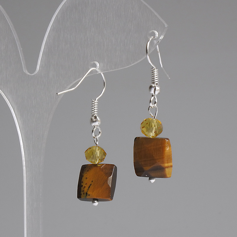 Tiger's Eye Faceted Square Earrings 10x10mm+/- Czech Glass Rondelle 6x5mm+/-, Length 37mm+