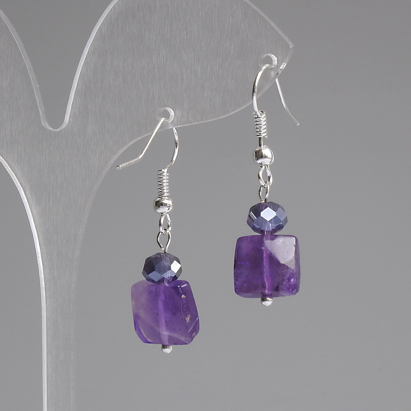 Amethyst Faceted Square Earrings 10x10mm+/- Czech Glass Rondelle 6x5mm+/-, Length 37mm+
