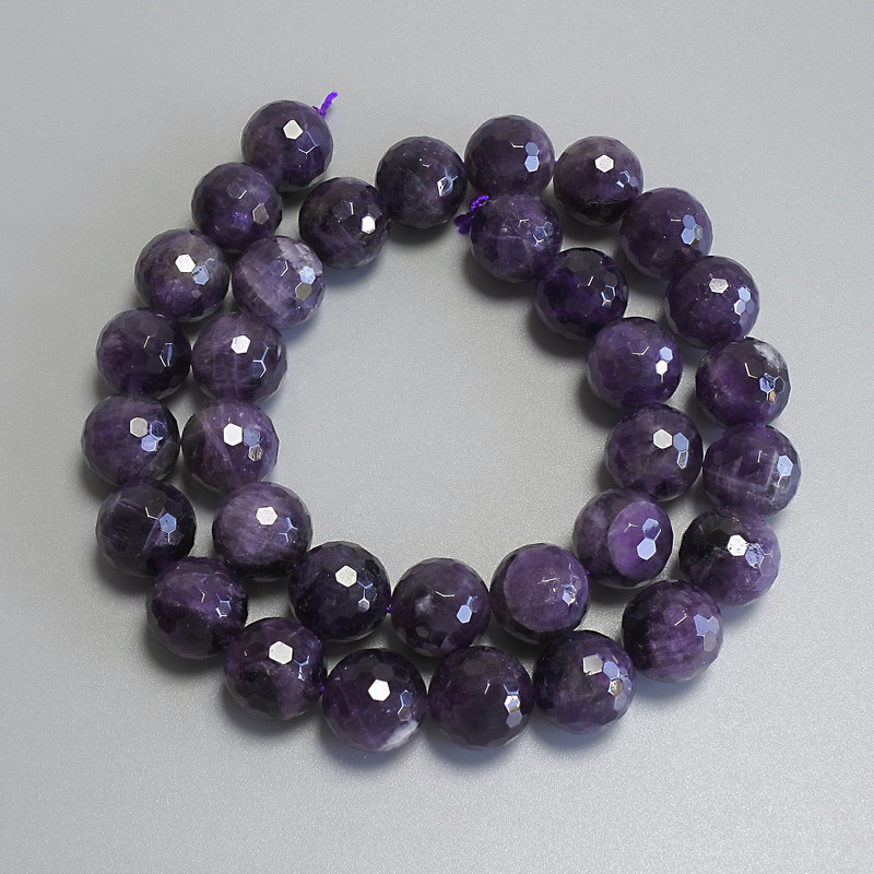 Amethyst Beads, Faceted Round 12mm+/- on Thread, Length 39cm+