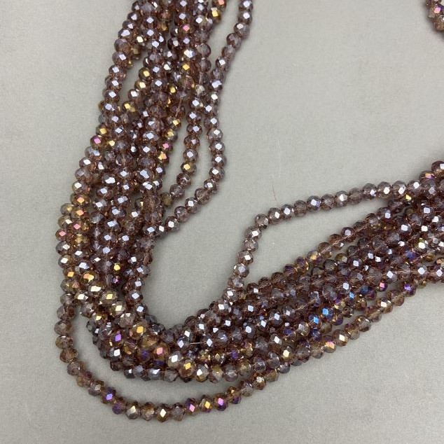 Czech Crystal Beads on Fishing Line, brown transparent with petrol iridescent coating, faceted rondelle, diameter 6x5mm+/-, length 40-41cm+