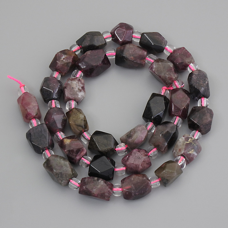Tourmaline Polyhedron Beads, diameter 9-12x6-9mm+-, seed beads 4mm+- on thread, length 39cm+
