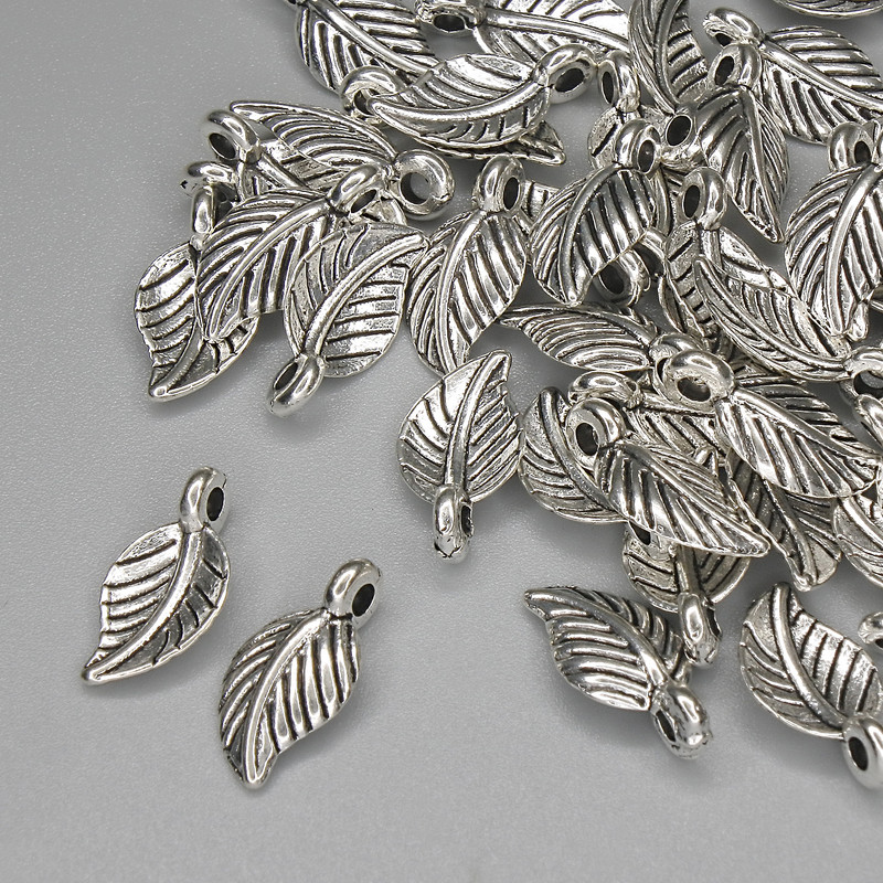 Pendant Charm Leaf, Bronze-Coloured Metal, Diameter 15x7mm+/-, Pack of 46pcs