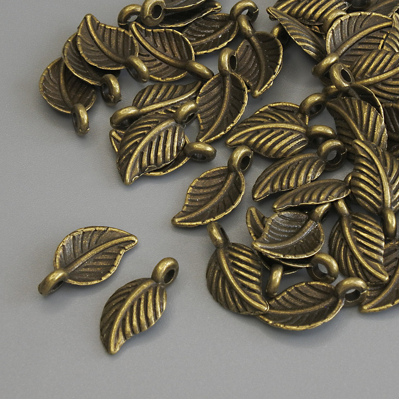 Pendant Charm Leaf bronze metal colour, diameter 15x7mm+/- pack of 42pcs