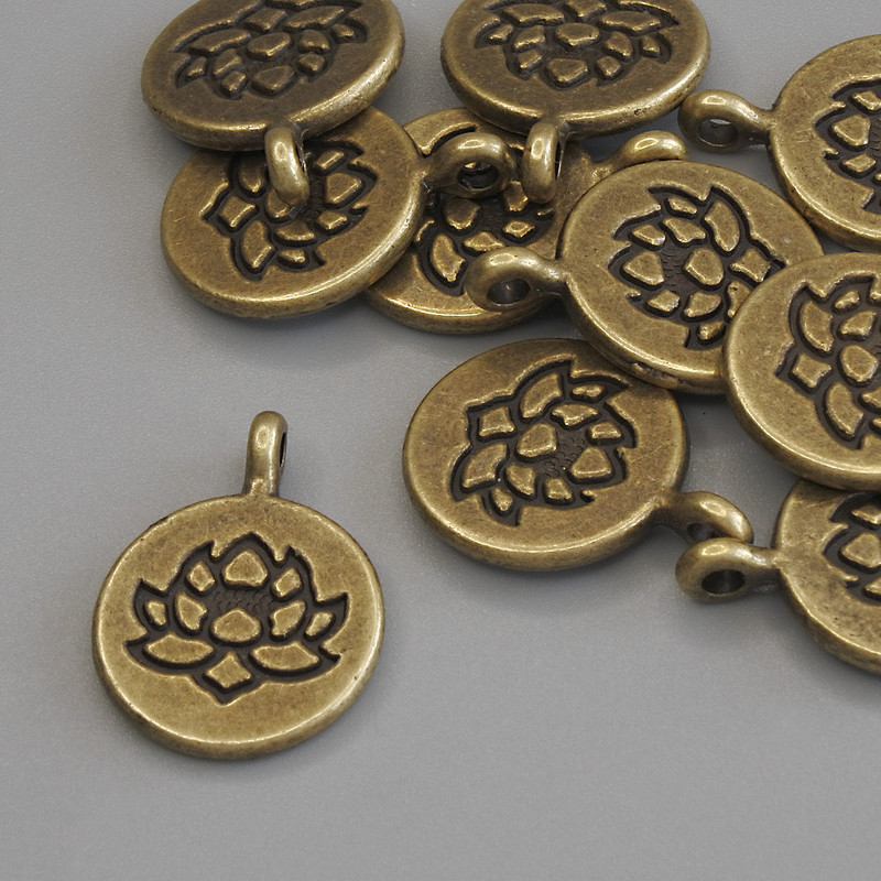 Pendant Charm Lotus bronze metal colour, diameter 19x15mm+/- pack of 10pcs