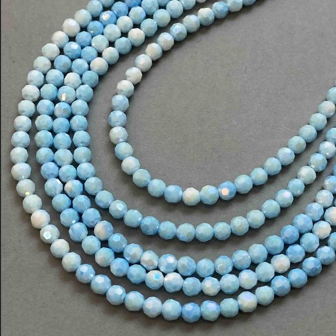 Czech Crystal Beads blue multicolour with petrol-effect coating on a strand, faceted round bead, diameter 6mm +/-, length 38cm +