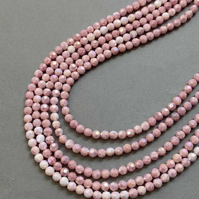 Czech Crystal Beads pink multicolour with petrol-effect coating on a strand, faceted round bead, diameter 6mm +/-, length 38cm +