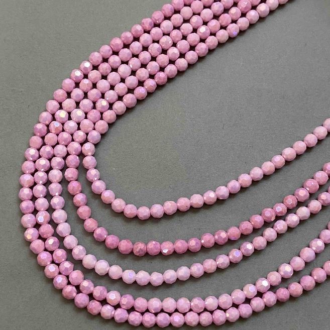 Czech Crystal Beads pink with petrol-effect coating on a strand, faceted round bead, diameter 6mm +/-, length 38cm +