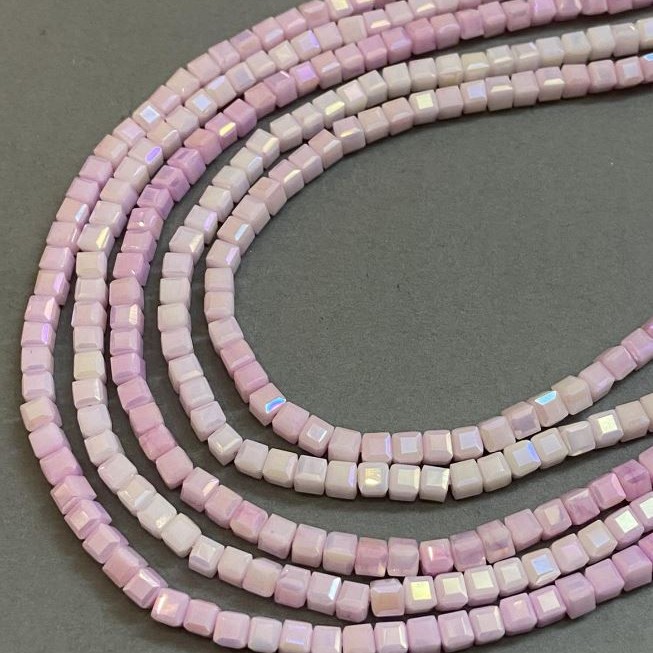 Czech Crystal Beads Pink Multicolour with Petrol Iridescent Coating on Thread, Faceted Cube, Diameter 4x4mm +/-, Length 38cm +