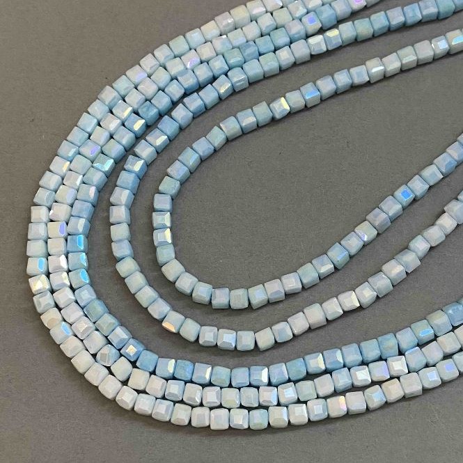 Czech Crystal Beads Blue Multicolour with Petrol Iridescent Coating on Thread, Faceted Cube, Diameter 4x4mm +/-, Length 38cm +