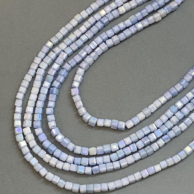 Light Blue Czech Crystal Beads with Petrol Iridescent Coating on Thread, Faceted Cube, Diameter 4x4mm +/-, Length 38cm +