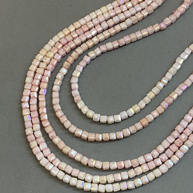 Czech Crystal Beads Pink with Petrol Iridescent Coating on Thread, Faceted Cube, Diameter 4x4mm +/-, Length 38cm +