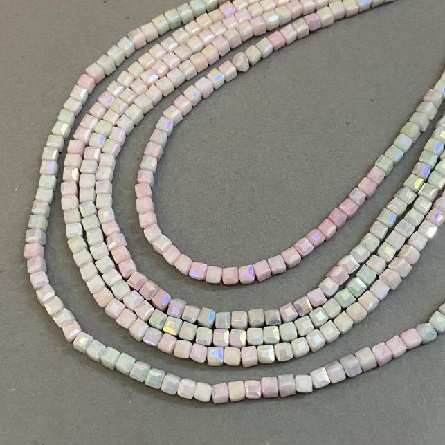 Czech Crystal Beads Multicolour with Petrol Iridescent Coating on Thread, Faceted Cube, Diameter 4x4mm +/-, Length 38cm +