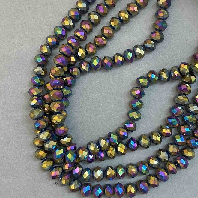 Czech Crystal Beads on Fishing Line, Multicolour with Petrol-Tone Coating, Faceted Rondelle, Diameter 8x6mm +/-, Length 39cm +
