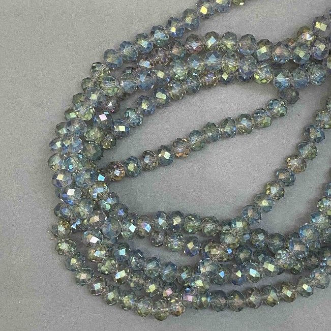 Czech Crystal Beads on Fishing Line, Grey Transparent with Petrol-Tone Coating, Faceted Rondelle, Diameter 8x6mm +/-, Length 38cm +