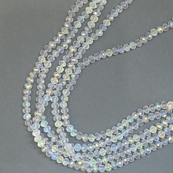 Beads 'Czech Crystal' on a thread, white, transparent with oil-sheen iridescence, faceted rondelle, diameter 6×5mm ±, length 39cm ±