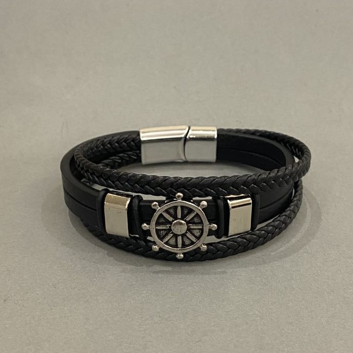 Men's Bracelet, Black Eco-Leather with Metal Inserts, Thickness 12mm +/-, Length 22cm +/-, Silver-Tone Metal Clasp