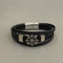 Men's Bracelet, Black Eco-Leather with Metal Inserts, Thickness 12mm +/-, Length 22cm +/-, Silver-Tone Metal Clasp