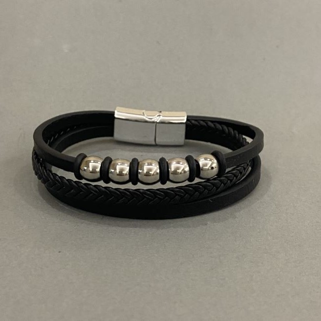 Men's Bracelet, Black Eco-Leather with Metal Inserts, Thickness 12mm +/-, Length 22cm +/-, Silver-Tone Metal Clasp