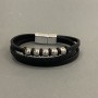 Men's Bracelet, Black Eco-Leather with Metal Inserts, Thickness 12mm +/-, Length 22cm +/-, Silver-Tone Metal Clasp