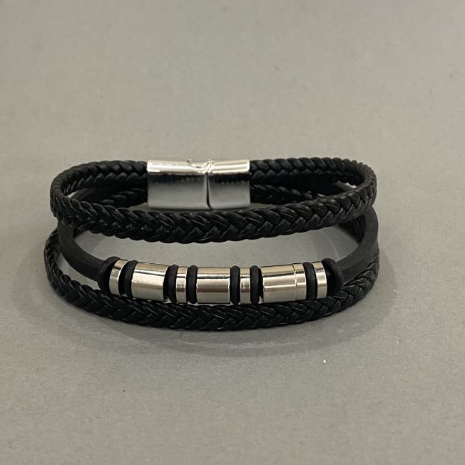 Men's Bracelet, Black Eco-Leather with Metal Inserts, Thickness 12mm +/-, Length 22cm +/-, Silver-Tone Metal Clasp
