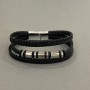 Men's Bracelet, Black Eco-Leather with Metal Inserts, Thickness 12mm +/-, Length 22cm +/-, Silver-Tone Metal Clasp