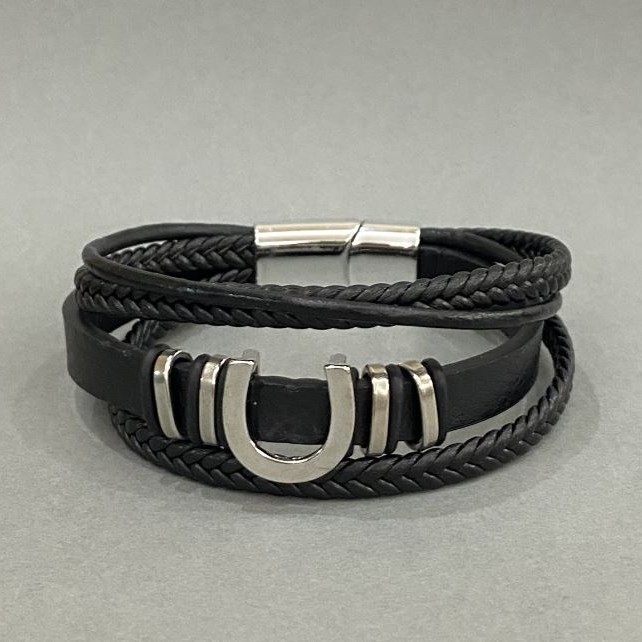 Men's Bracelet Black Eco-Leather with Metal Inserts, Thickness 12mm+-, Length 22cm+- Silver-Tone Metal Clasp