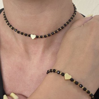 "Heart" Jewellery Set — Choker and Bracelet with Black Agate and Golden Hematite, Adjustable Size