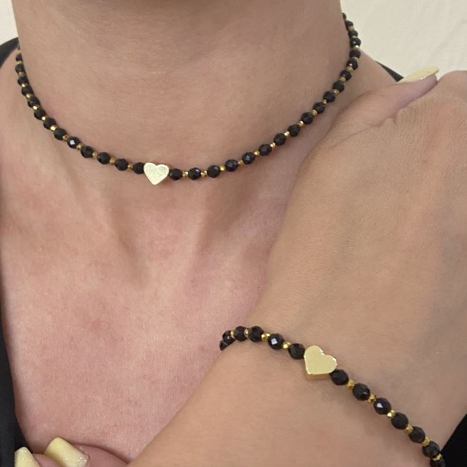 "Heart" Jewellery Set — Choker and Bracelet with Black Agate and Golden Hematite, Adjustable Size
