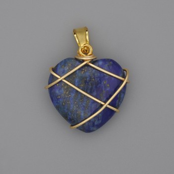 Heart Pendant, Wire-Wrapped Lapis Lazuli, 21x21mm+-, Diameter 30mm+