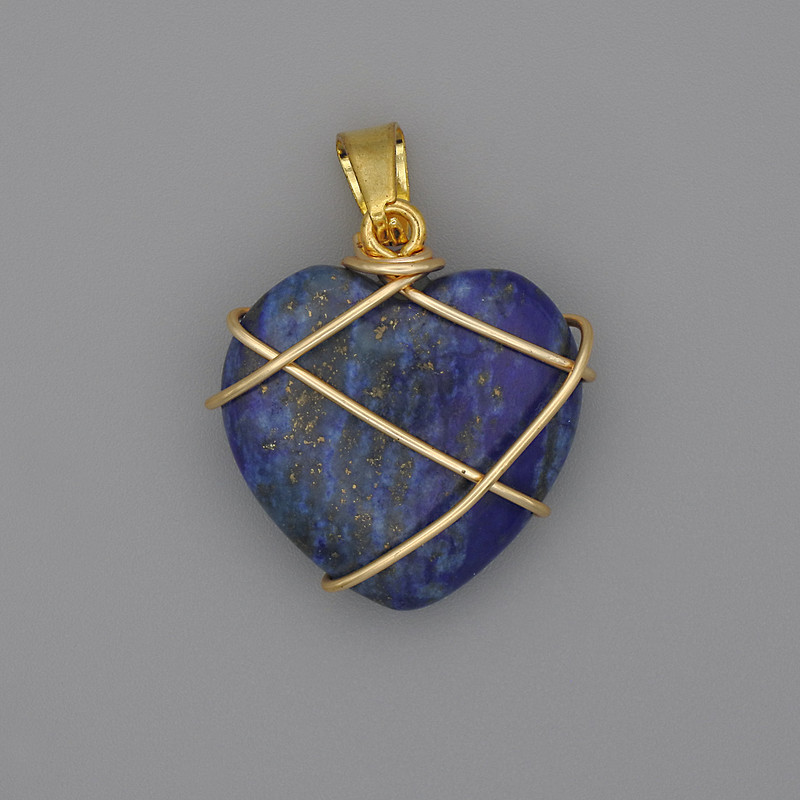 Heart Pendant, Wire-Wrapped Lapis Lazuli, 21x21mm+-, Diameter 30mm+